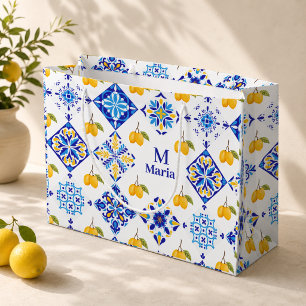 Blue French Country Lemon Pattern Monogram Name Large Gift Bag