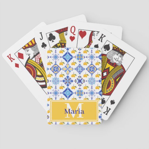 Blue French Country Lemon Pattern Monogram Name Poker Cards