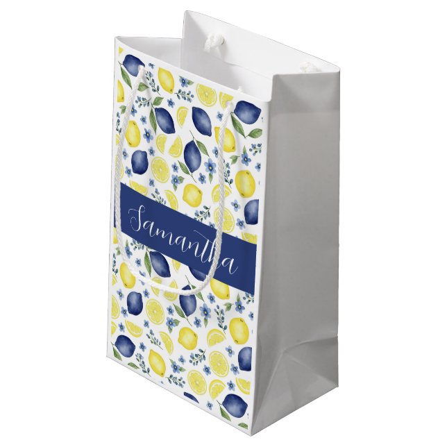 Blue French Country Lemon Pattern Monogram Name  Small Gift Bag (Back Angled)