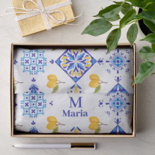 Blue French Country Lemon Pattern Monogram Name Tissue Paper