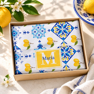 Blue French Country Lemon Pattern Monogram Name Tissue Paper