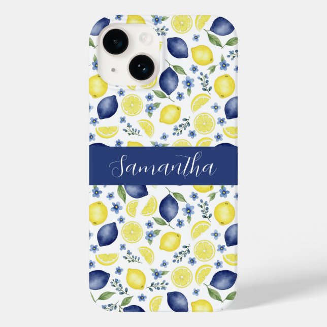 Blue French Country Lemon Pattern Name Case-Mate iPhone Case (Back)