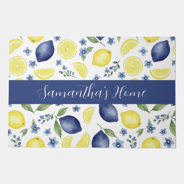 Blue French Country Lemon Pattern Name Doormat (Front)