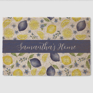 Blue French Country Lemon Pattern Name Fiber Doormat