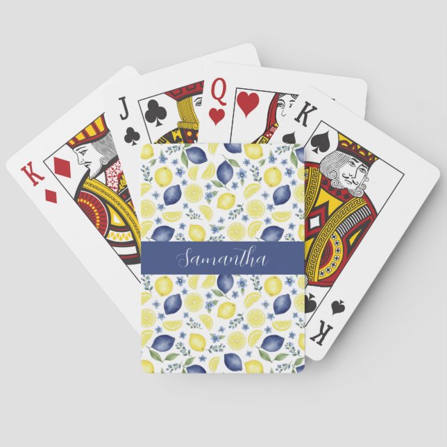 Blue French Country Lemon Pattern Name Poker Cards (Back)