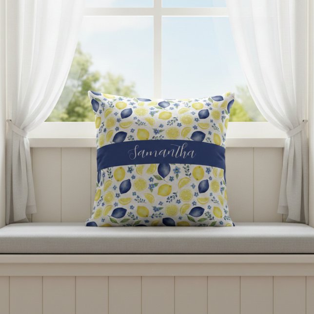 Blue French Country Lemon Pattern Name Throw Pillow (Creator Uploaded)