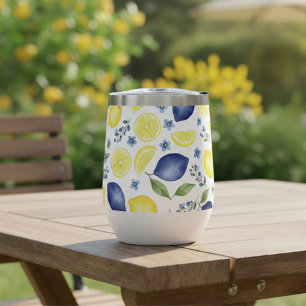 Blue French Country Lemon Pattern Thermal Wine Tumbler