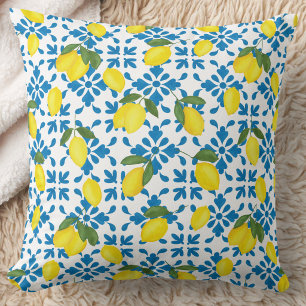 Blue French Country Lemon Watercolor Throw Pillow