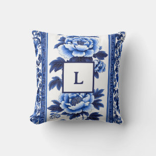 Blue French Country Monogram Throw Pillow