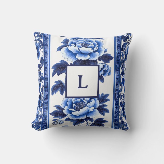 Blue French Country Monogram Throw Pillow (Front)