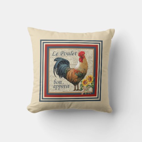 Blue French Country Rooster Throw Pillow