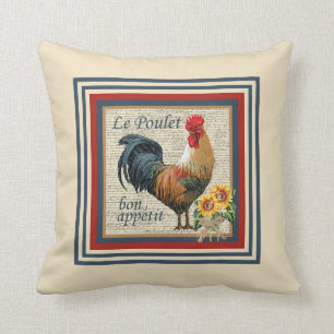 Blue French Country Rooster Throw Pillow