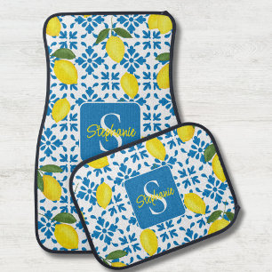 Blue French Country Tile Yellow Lemon Watercolor Car Floor Mat