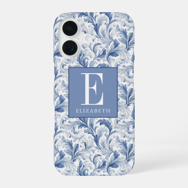 Blue French Country Toile Pattern Monogram Iphone Case (Back)