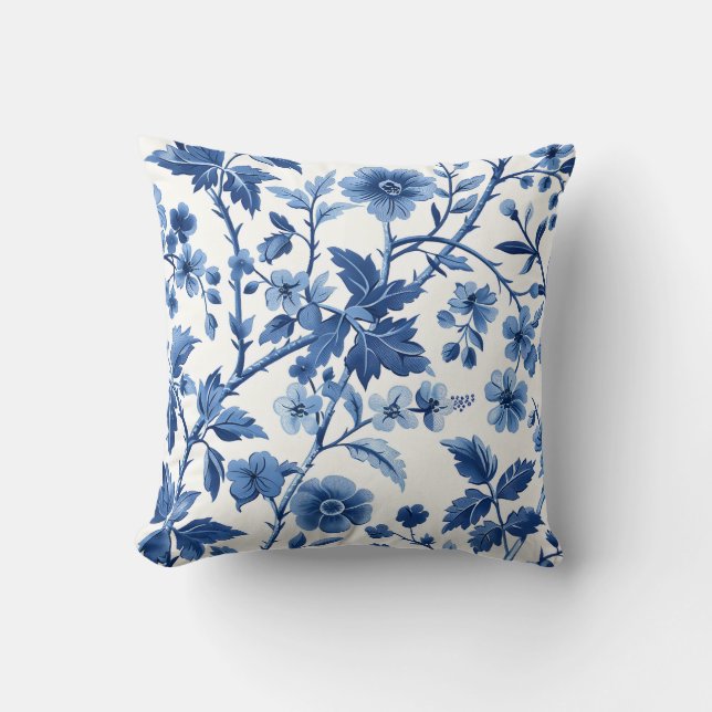 Blue French Countryside Floral Throw Pillow (Front)