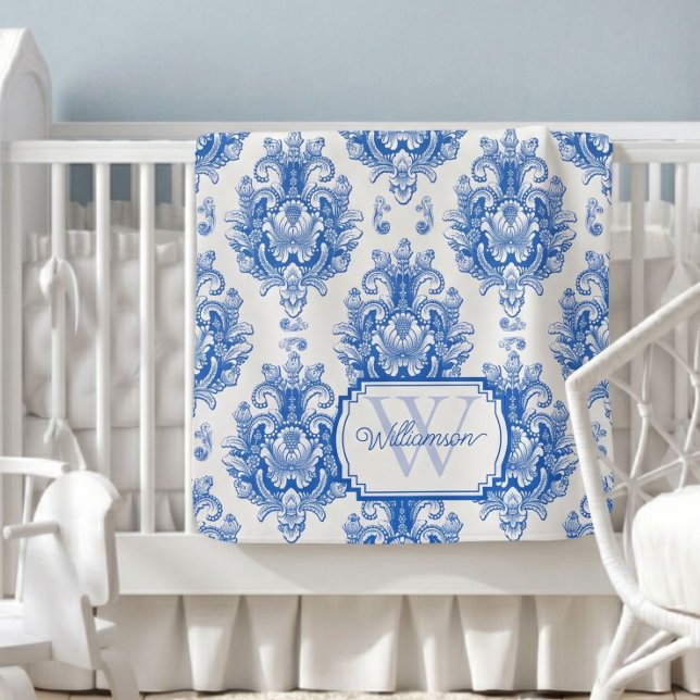 Blue French Damask Toile Pattern Name Monogram Baby Blanket (Creator Uploaded)
