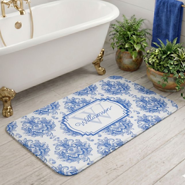 Blue French Damask Toile Pattern Name Monogram Bath Mat (Creator Uploaded)