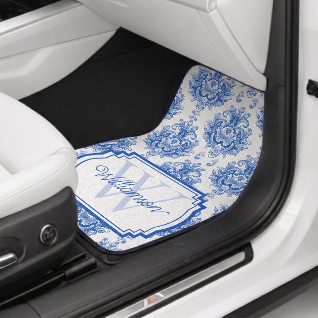 Blue French Damask Toile Pattern Name Monogram Car Floor Mat (Creator Uploaded)