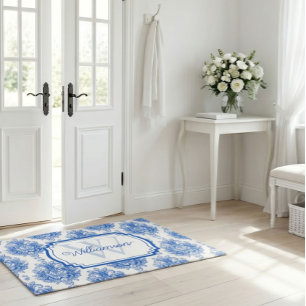 Blue French Damask Toile Pattern Name Monogram Doormat