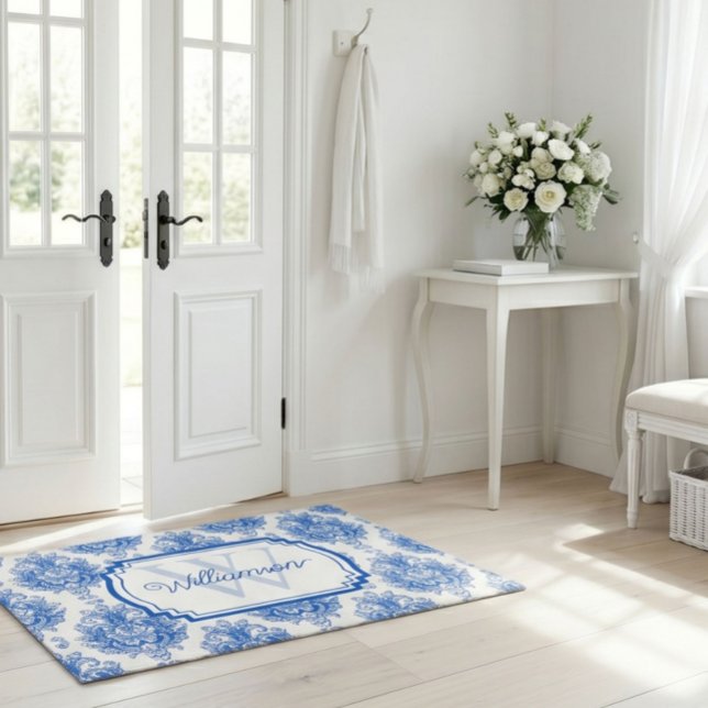 Blue French Damask Toile Pattern Name Monogram Doormat (Creator Uploaded)