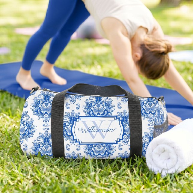 Blue French Damask Toile Pattern Name Monogram Duffle Bag (Creator Uploaded)