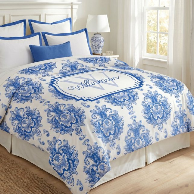 Blue French Damask Toile Pattern Name Monogram Duvet Cover (Creator Uploaded)