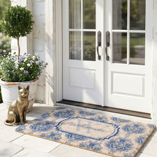 Blue French Damask Toile Pattern Name Monogram Fiber Doormat