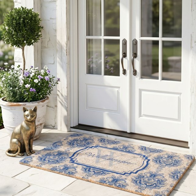 Blue French Damask Toile Pattern Name Monogram Fiber Doormat (Creator Uploaded)