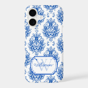 Blue French Damask Toile Pattern Name Monogram iPhone 17 Case