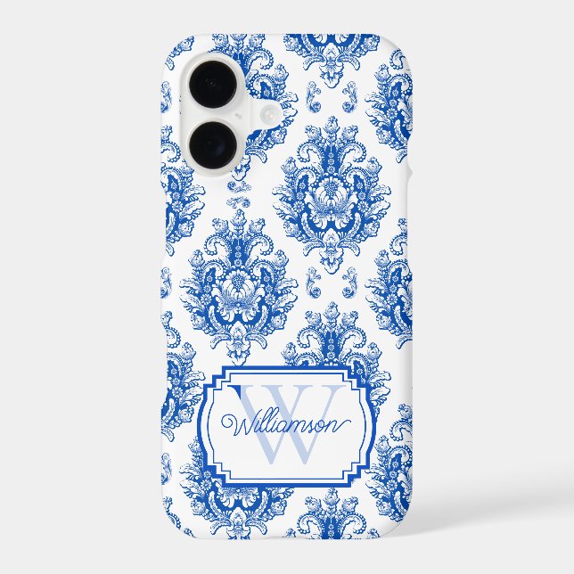 Blue French Damask Toile Pattern Name Monogram iPhone Case (Back)