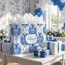Blue French Damask Toile Pattern Name Monogram