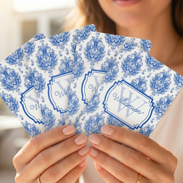 Blue French Damask Toile Pattern Name Monogram Poker Cards (Creator Uploaded)