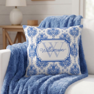 Blue French Damask Toile Pattern Name Monogram Throw Pillow
