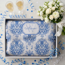 Blue French Damask Toile Pattern Name Monogram