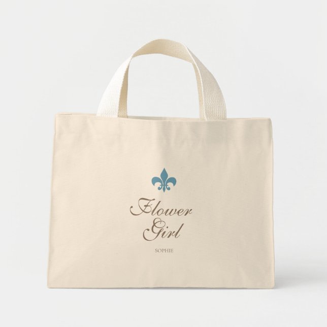 Blue French Fleur de Lis Flower Girl Name Mini Tote Bag (Front)
