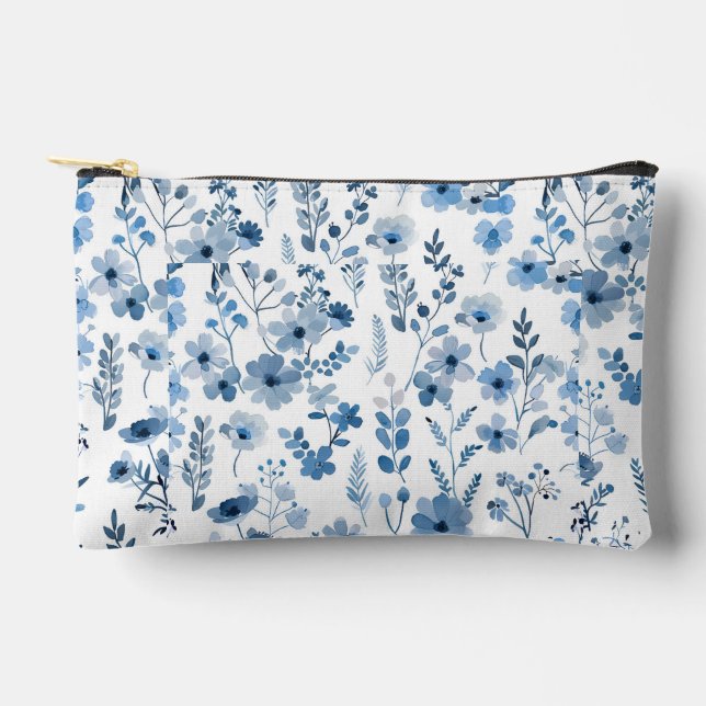 Blue French Floral  Accessory Pouch (Front)