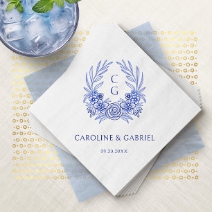 Blue French Floral Crest Wreath Monogram Wedding Napkins