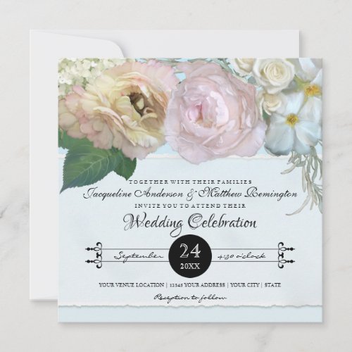 Blue French Floral Flower Peony Typography Wedding Invitation