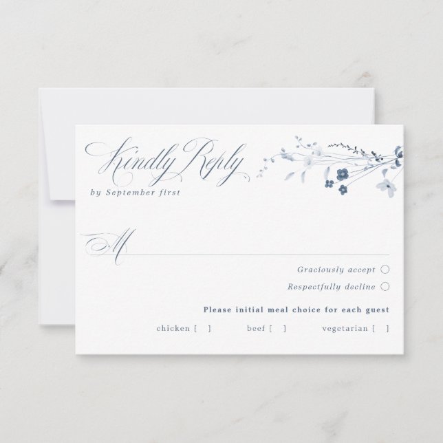 Blue French Floral Meal Choice RSVP Card (Front)