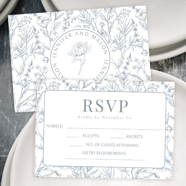 Blue French floral monogram wedding RSVP cards (Creator Uploaded)