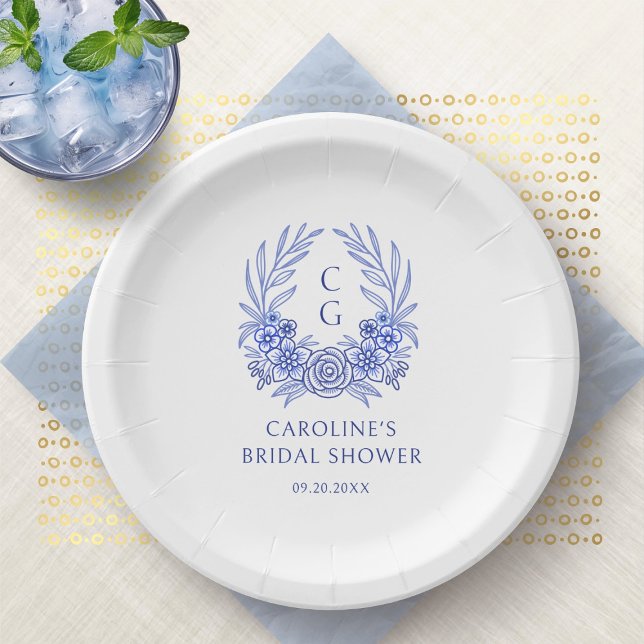 Blue French Floral Monogram Wreath Bridal Shower Paper Plates (Creator Uploaded)