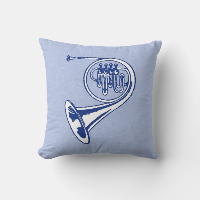 Blue French Horn Art Throw Pillow (Front)