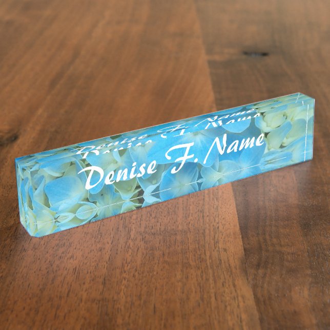 Blue French Hydrangea Personalized Floral Desk Name Plate (Side)