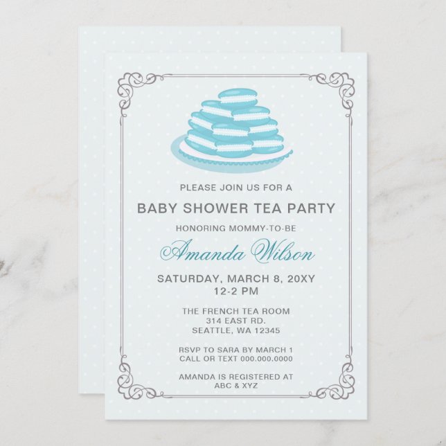 Blue French Macaron Baby Shower Tea Party Invites (Front/Back)