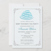 Blue French Macaron Baby Shower Tea Party Invites (Front)
