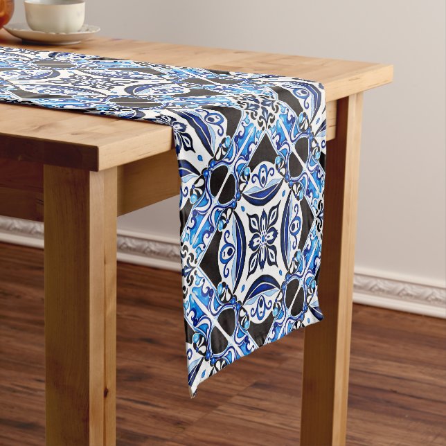 Blue French Mediterranean Tile bridal shower party Short Table Runner (In Situ)