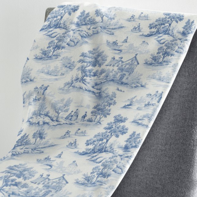 Blue French Style Toile de Jouy Romantic Elegant Fleece Blanket (Explore Stylish Blue Toile de Jouy French Vintage Elegance for Classic Home Decor.)