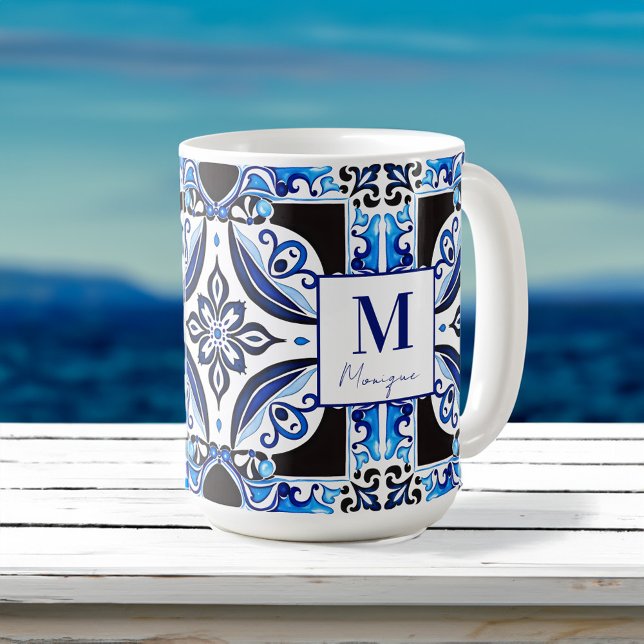 Blue French Tile bridal shower favors monogram Coffee Mug (Blue French Mediterranean Tile bridal shower favors monogram Coffee Mug bridal party gifts )