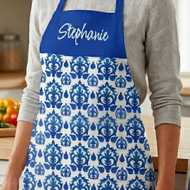 Blue French Tile Pattern Custom Name Apron (Creator Uploaded)