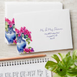 Blue French Tiles Bougainvillea elegant wedding  Envelope<br><div class="desc">Blue French Tiles and Bougainvillea in a blue ceramic vase handwriting font elegant Mediterranean French Mediterranean themed wedding addresses envelope matching wedding envelopes wedding invitation suite</div>